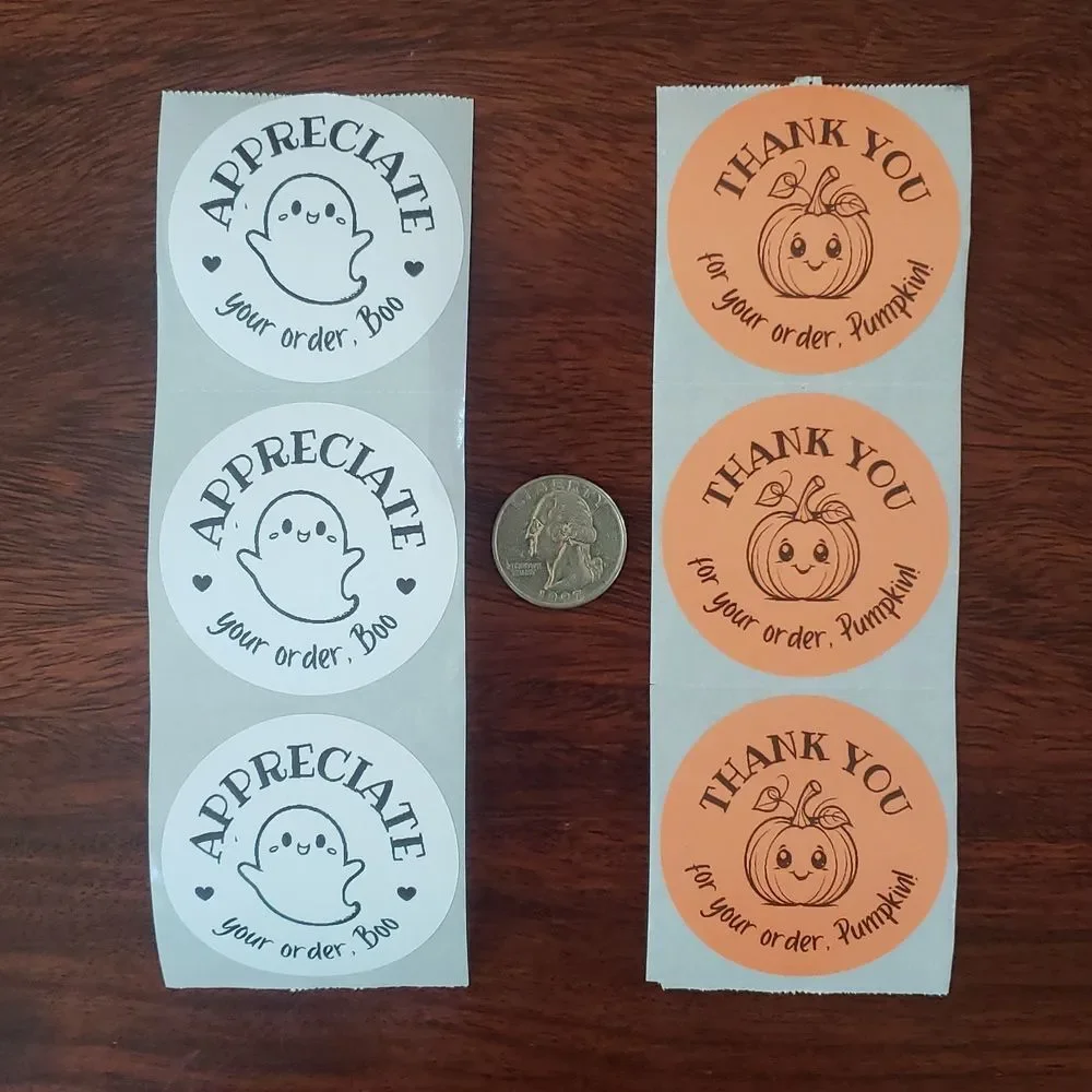 3/$15 50pc Halloween Thank You Stickers Orange Pumpkin Ghost Shipping 2